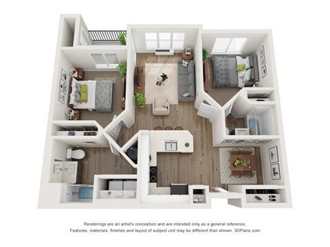 Floor plan for 2 beds, 2 baths, 1073 sqft